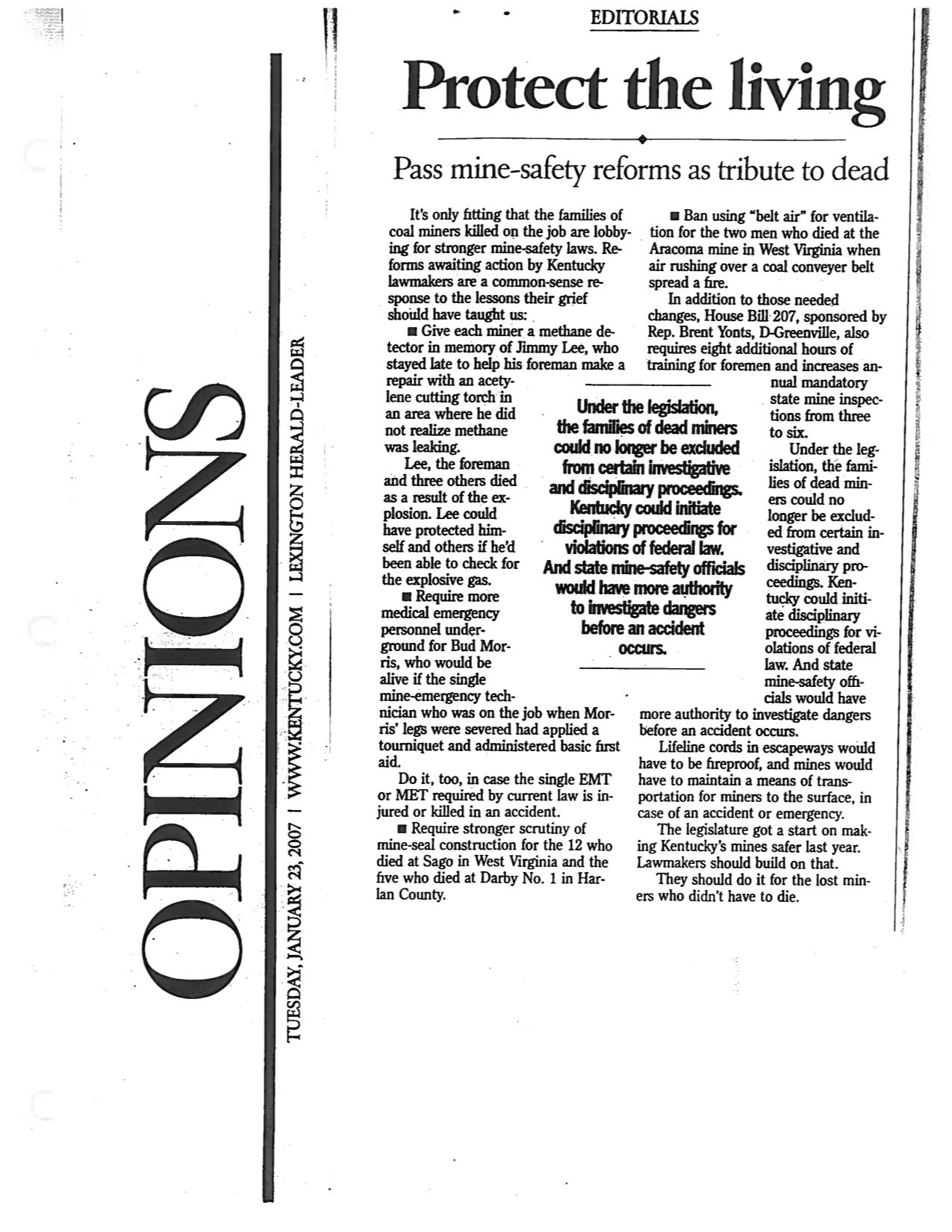 An editorial from the Lexington Herald-Leader, challenging lawmakers to pass mine safety legislation as a tribute to miners who have died on the job. [Click to expand]
